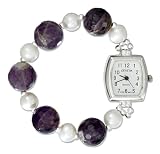 Sterling Silver Amethyst and Freshwater Pearl Watch with Stretch Band