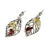 Classic Baltic Amber Silver and Multi Coloured Amber Leaf Drop Earrings