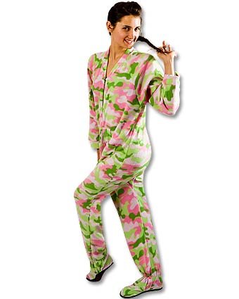 PajamaCity Pink & Green Camo Print Fleece Adult Footie Pajamas