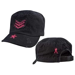 1149 WOMENS VINTAGE BLACK ADJUSTABLE FATIGUE CAP w/PINK STRIPES & ''BREAST CANCER'' RIBBON