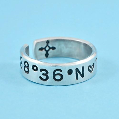 Coordinates - Hand Stamped Aluminum Cuff Ring, Latitude Longitude GPS location Ring, Personalized Gift