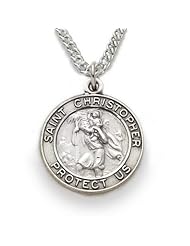 Highly Detailed Sterling Silver Round St. Christopher Medal Pendant Necklace Catholic Jewelry w/Chain 18" Length Gift Boxed