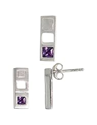 Sterling Silver Matte-finish Bar Earrings (12mm tall) & Pendant Slide (14mm tall) Set, w/ Princess Cut Amethyst-colored CZ Stones