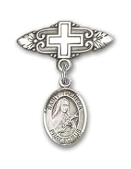 Sterling Silver Baby Badge with St. Theresa Charm and Badge Pin with Cross