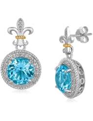 18K Yellow Gold and S. Silver B.Topaz and Diamonds Fleur De Lis Motif Earrings