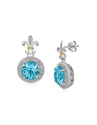 18K Yellow Gold and S. Silver B.Topaz and Diamonds Fleur De Lis Motif Earrings