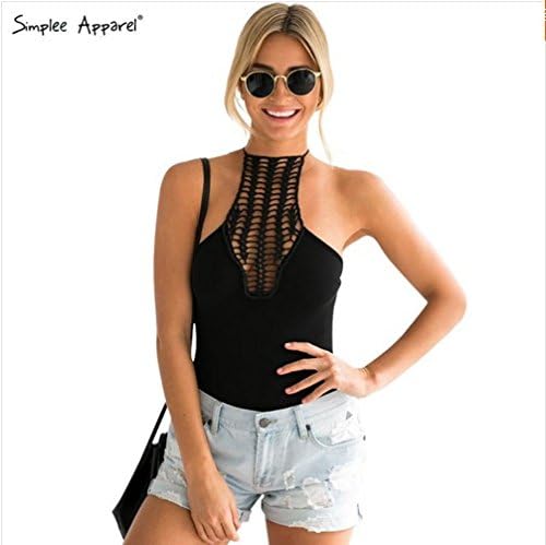 Sexy hollow out sleeveless black bodysuit Women halter tops backless blouse