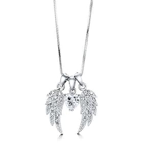 Silver Tone Angel Wings Cubic Zirconia CZ Stone Pendant Necklace - For Valentines Day Gift