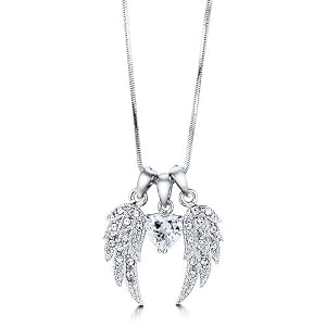 Silver Tone Angel Wings Cubic Zirconia CZ Stone Pendant 