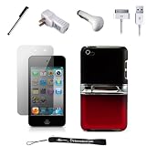 Black and Red Stand Alone Durable Kickstand Design / 2 Tone Snap On Crystal Case for New Apple iPod Touch 4 ( 4th Generation 8GB 16GB 32GB ) + Includes a USB Travel Car Charger, a USB Home Charger and a USB Data Sync Cable + Includes Anti Glare Screen Protector Guard and a Graphic Designer Stylus Pen to Navigate Device