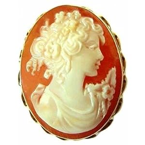 Romantica, Master Carved 14k Gold Carnelian Conch Shell Cameo Pin Pendant by