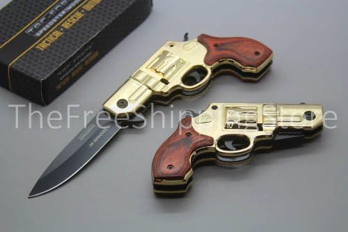 Tac Force Silver Gun Gold with Black Aluminum Revolver Handle and Red Wood Overlay 440 Black Stainless Steel Blade