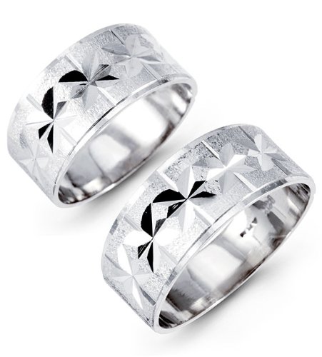 Men Womens 14k White Gold Etched Wedding Band Ring Set