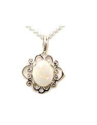 Luxury Ladies Solid White 9K Gold Ornate 9x7mm Vibrant Natural Fiery Opal Pendant Necklace - Ideal for Christmas, Birthday, Anniversary or Mothers Day Gift