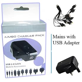 UNIVERSAL MOBILE PHONE MAINS CHARGER - FITS VIRTUALLY ALL MAKES & MODELS OF PHONE, can use as iPod charger, iPhone charger, MP3 player charger, PDA charger (most makes) & Sony PSP charger - Phone makes include: Nokia, Sony Ericsson, Samsung, LG, Motorola, o2 phones, T-Mobile phones, Vodafone, Orange phones, 3 phones, HTC, iMate, JCB, Land Rover, Sonim, 3: INQ, Skypephone, ZTE, Acer, Amazon: Kindle, Google phones, HP, Huawei, MDA, Palm, QTec, Sagem, Toshiba, Virgin & Blackberry (+ many others), see list of models by clicking item - Worldwide use 100 volts to 240 volts - one cable, so cannot lose it, and ready to charge up an upgrade phone, or a friends phone that is visiting! -Jumbo Charger by GrandGadgets &reg;
