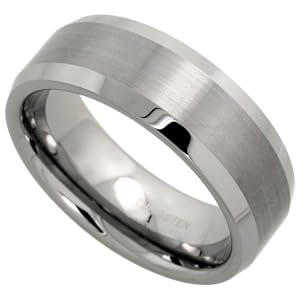 Tungsten Carbide 8 mm (5/16 in.) Comfort Fit Flat Wedding Band Ring w/ Brushed Center & Beveled Edge, size 13.5