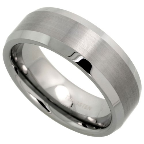 Tungsten Carbide 8 mm (5/16 in.) Comfort Fit Flat Wedding Band Ring w/ Brushed Center & Beveled Edge, size 12.5