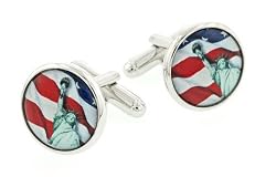 JJ Weston patriotic silver plated cufflinks with an image of the American flag and Statue of Liberty. Made in the USA