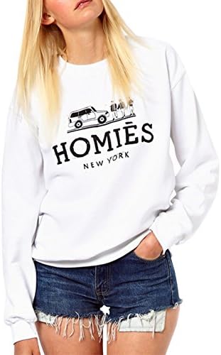 Inlscp Women's Round Neck Fashion Street Style HOMIES Pullover Long Shirt White S