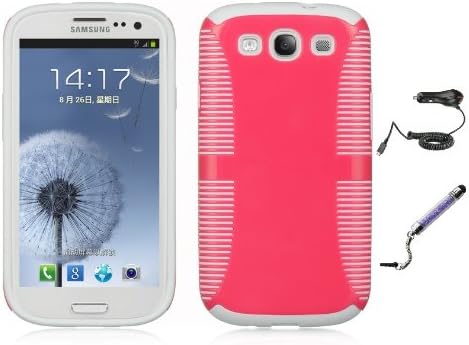 Samsung Galaxy S3 S III I747 / I9300 Slim Fit Hybrid Phone Case with Screen Protector, Crystal Stylus, Holder, Car Charger (Pink)