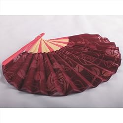 Shell Shape Folding Fan, Cloth Hand Fan - Dark Red with Rose Printed, Gift Idea