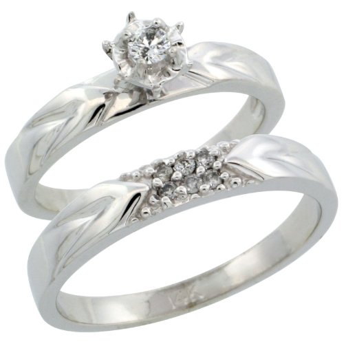 14ct White Gold 2-Piece Diamond Ring Band Set w/ Rhodium Accent ( Engagement Ring & Man's Wedding Band ), w/ 0.13 Carat Brilliant Cut Diamonds, ( 3.5mm; 3.5mm ) wide, size O