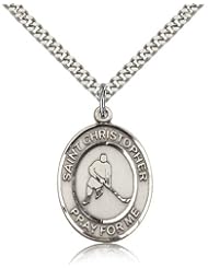 .925 Sterling Silver Saint St. Christopher/Ice Hockey Medal Pendant 1/2 x 1/4 Inches Travelers/Motorists-9155- Comes with a SS Lite Curb Chain Neckace And a Black velvet Box