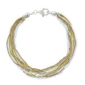 Vermeil(24KGoldoverSterlingSilver)&SilverTriColorRoseGold10StrandChainBracelet