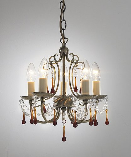 Small Brass Chandelier with Amber and Clear Glass