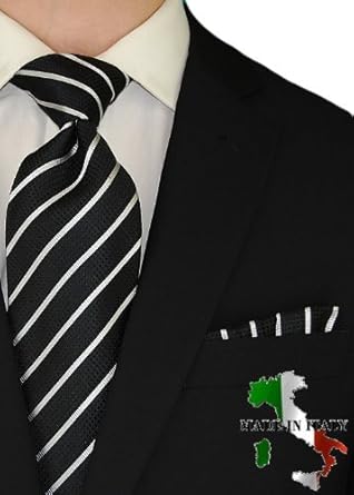 Berioni Hand Made in Italy 100% Woven Silk Mens Neck Tie + Pocket Square Jacquard Woven Tie and Hanky Set Black White Y1