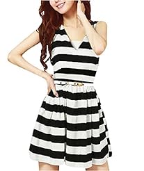 Sexy V-neck Cocktail Sleeveless Tank Elasticized   Waistline Two-Toned Striped Print Skater Dress 