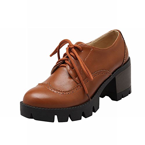 Carolbar Women's Lace-up Retro Vintage Fashion Platform Chunky Mid Heel Oxfords Shoes (7, Yellow Brown)