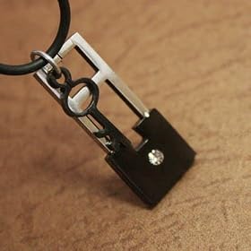 Cz Diamond Model Design Black Key and Lock Mens Pendant for Uni-sex on a Rubber Cord with Box J1139