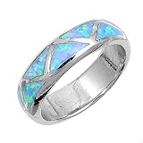 Rhodium Plated Sterling Silver Wedding & Engagement Ring Blue Opal Marriage Band 6MM ( Size 7 to 12)