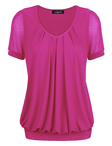 Laksmi Women's Short Sleeve V-Neck Front Pleated Dressy Tunic Tops