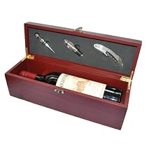 4 Piece New Wooden Wine Box & Accessories Set (Includes corkscrew, bottle stopper and more!)