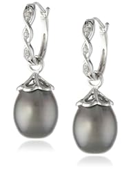 14k White Gold, Tahitian Cultured Pearl and Diamond Earrings (0.03 cttw, GH Color, I1-I2 Clarity)
