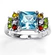 Gorgeous and Colorful Solid Sterling Silver Cubic Zirconia Rhodium Plated Rings with Square Blue Topaz Center Stone & Citrine, Garnet, Peridot and Amethyst Cubic Zirconia