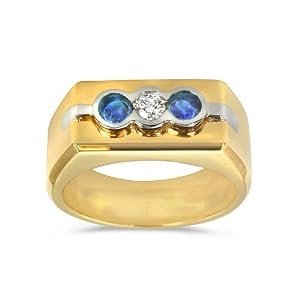 Men's Diamond Ring - Unique Three Stone Men's Diamond and Sapphire Ring in 18k Gold Two-Tone (.15 dia / .40 sap ct. tw. / G Color / VS1-VS2 Clarity) - 7