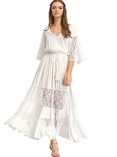 Milumia Women's Bohemian V Neck Lace Splicing Maxi Dress