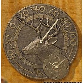 14 Aluminum WHITETAIL Buck Deer Wall THERMOMETER CLOCK by WHITEHALL PRODUCTS French Bronze... by Whitehall