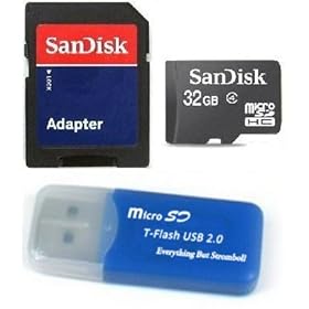Sandisk 32GB Micro SDHC Class 4 TF Memory Card for Samsung Epic 4G GALAXY W with Everything But Stromboli Micro SD Blue Card Reader - Bulk Packed