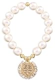 St Bendict Antique Gold Plated Medal with Rhinestones. Assembled in the USA.