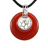 Diamond Cubic Zirconia "Star" Studded Lattice Window Red Jade Disc Platinum Overlay Sterling Silver Pendant Leather Necklace