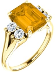18K Yellow Gold 10.00x8.00mm Emerald Cut Citrine and Diamond Ring -- LIFETIME WARRANTY