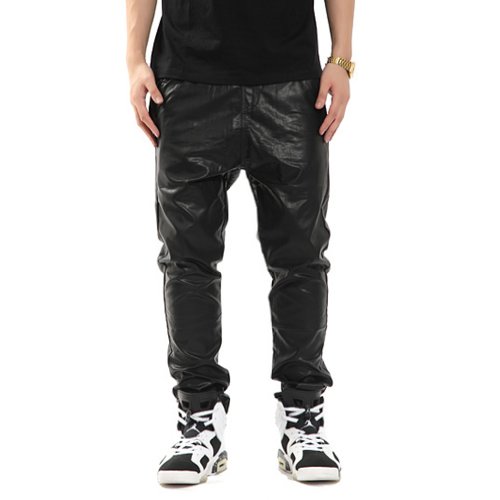 Pizoff Unisex Solid Black Red Leather Casual Pants With Elastic Waist