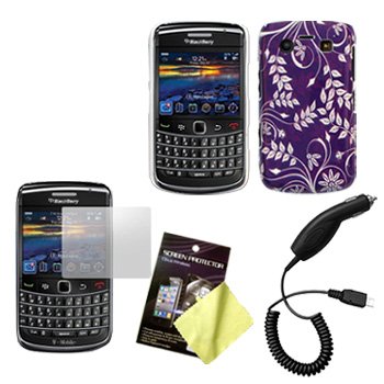 Purple & White Flower Hard Case / Cover / Shell, LCD Screen Guard / Protector & Car Charger for RIM BlackBerry Bold 9700 / 9780