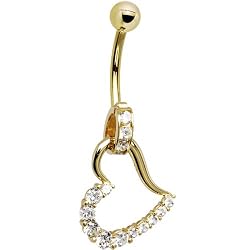 Solid 14kt Yellow Gold Cz Hollow Heart Charm Belly Ring