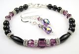2 Piece Set: Amethyst February Birthstone Bracelets and Earrings: Black Onyx gemstone bacelets sets in Onyx, Sterling Silver, and Swarovski Austrian Crystals