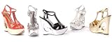 Ellie Shoes 621-TIKI, 6 Inch Metallic Wedge Heel T-Strap Sandal With Cut-Out Design